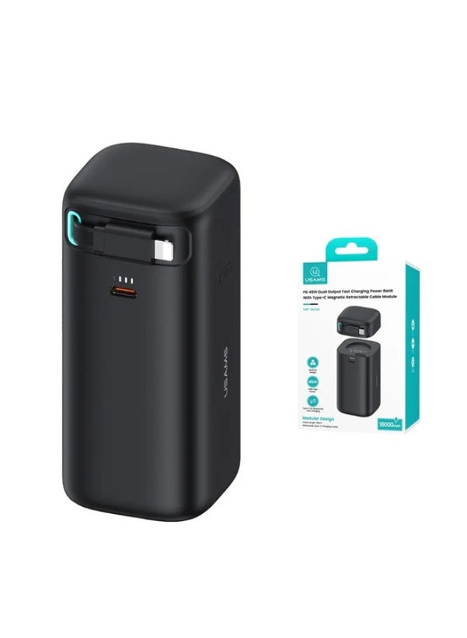 USAMS PD45W Power Bank 18000mAh with Built-in Lightning Magnetic Retractable Cable – Dual USB-C & Lightning Output, 22.5W Simultaneous Charging, Compact Design - Image 5