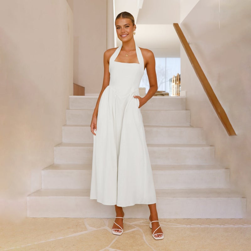 Women's 2025 Solid Color Halter Neck High Waist Sleeveless A-Line Maxi Dress - Image 1