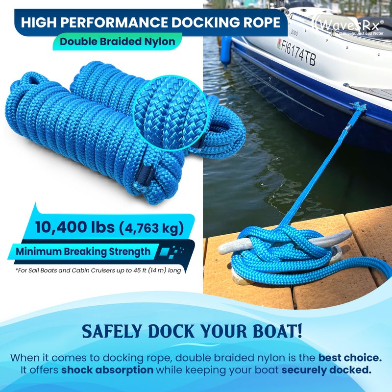 WAVESRX 5/8” x 25’ (2PK) Premium Dock Lines for Docking PWC, Sailboats & Pontoon - Double Braided Nylon Boat Ropes for Docking with Loop Marine Rope - UV & Saltwater Resistant Boat Dock Line - Image 2