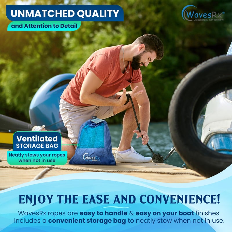 WAVESRX 5/8” x 25’ (2PK) Premium Dock Lines for Docking PWC, Sailboats & Pontoon - Double Braided Nylon Boat Ropes for Docking with Loop Marine Rope - UV & Saltwater Resistant Boat Dock Line - Image 5