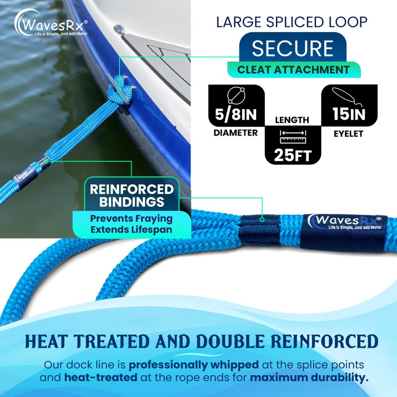 WAVESRX 5/8” x 25’ (2PK) Premium Dock Lines for Docking PWC, Sailboats & Pontoon - Double Braided Nylon Boat Ropes for Docking with Loop Marine Rope - UV & Saltwater Resistant Boat Dock Line - Image 4