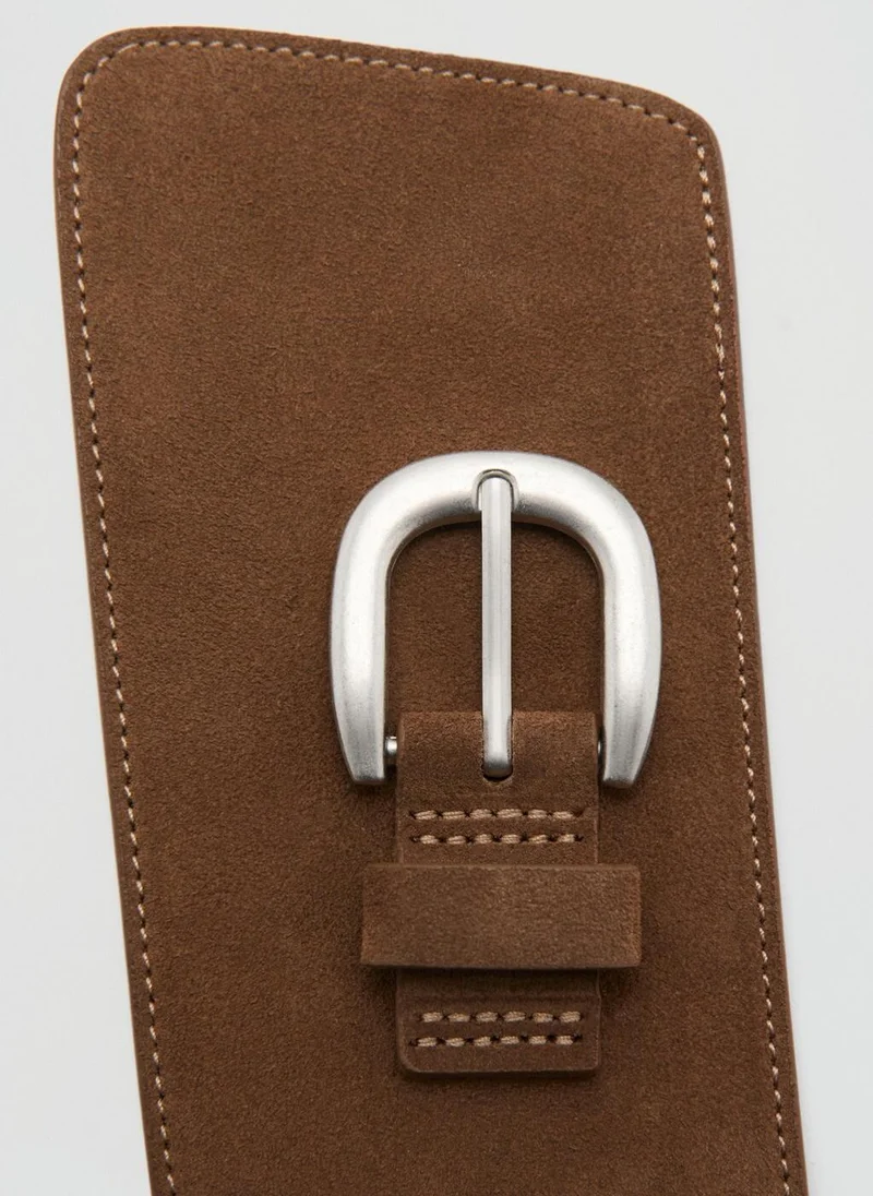 Mango 30-MARRON Wide Split Leather Belt for Women | Best Price UAE
