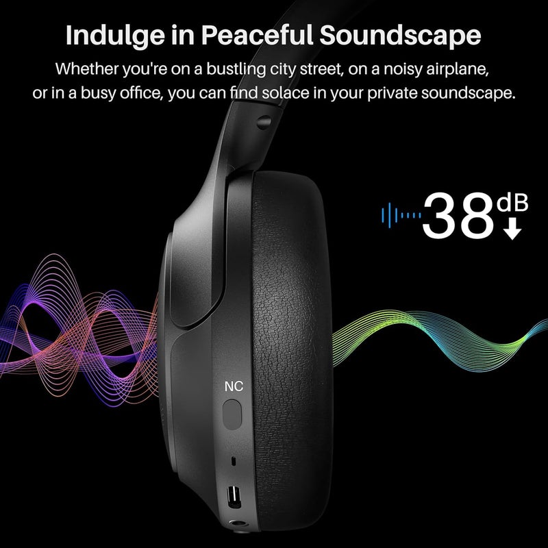 TOZO HT2 Hybrid Active Noise Cancelling Headphones, Wireless Over Ear Bluetooth Headphones, 60H Playtime, Hi-Res Audio Custom EQ via App Deep Bass Comfort Fit Ear Cups, for Home Office Travel Black - Image 3