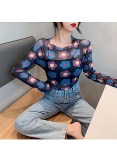 Ice Silk Mesh Sunscreen Base Layer Top Womens 2023 Summer New Long Sleeve T-shirt Trendy Inner Wear Crew Neck Design 8-Purple Blue Sunflower