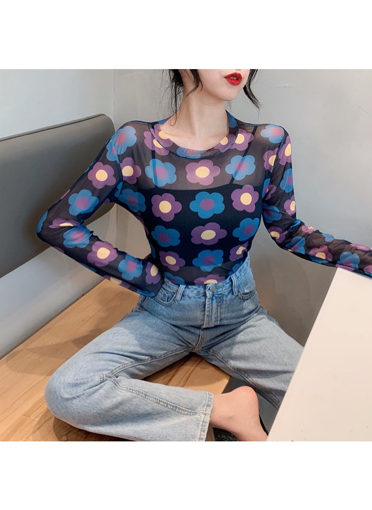 Generic - Ice Silk Mesh Sunscreen Base Layer Top Womens 2023 Summer New Long Sleeve T-shirt Trendy Inner Wear Crew Neck Design 8-Purple Blue Sunflower - Image 1