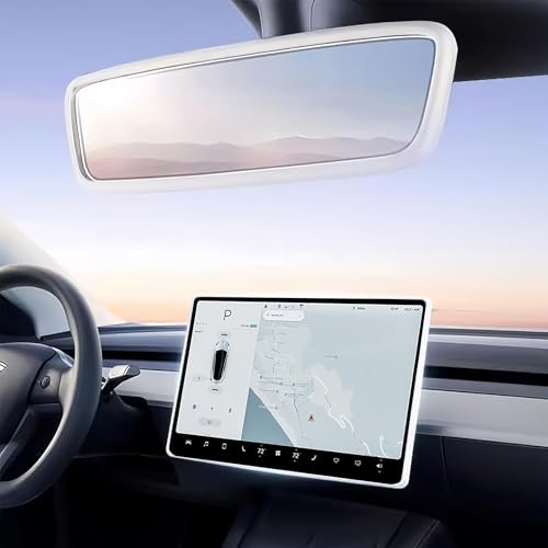 TSTESE 2PCS Protector Trim Frame Compatible with Tesla Model 3 Y 2020-2024 2026 Screen Edge Frame Rearview Mirror Cover Interior Silicone Decorations Center Console Decor Highland Juniper Accessories (White) - Image 1