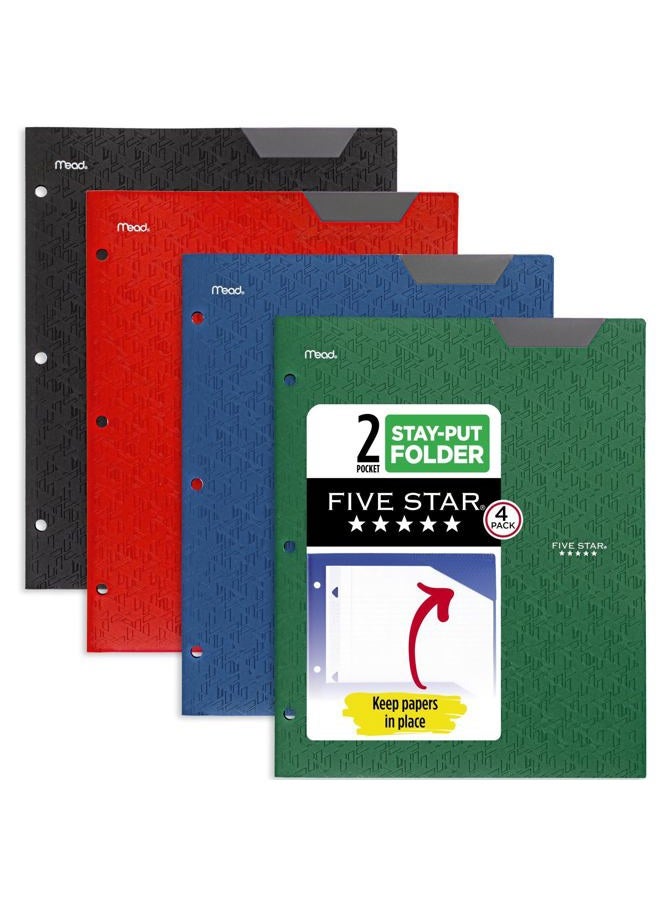 Five Star 2-Pocket Folders, 4 Pack, Plastic Folders with Stay-Put Tabs, Fits 3-Ring Binder, Holds 11” x 8-1/2”, Assorted Colors (38049) - Image 1