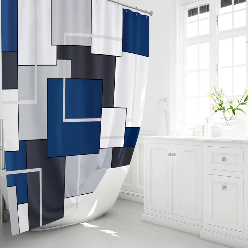 BTTN Navy Blue Fabric Shower Curtain - Geometric Water Repellent Shower Curtain Set, Machine Washable, Modern Decorative Polyester Cloth Shower Curtains for Bathroom - 72x72 - Image 2