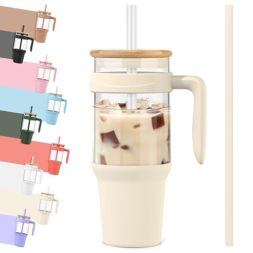 Tronco 40 oz Glass Tumbler with Straw and Lid, Reusable Iced Coffee Cup with Handle, Glass Water Bottles for Smoothie, Fits Cup Holders, Lead-Free, BPA-Free - Image 1