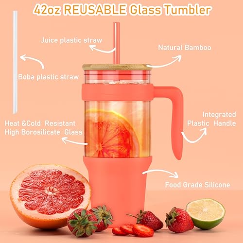 Tronco 40 oz Glass Tumbler with Straw and Lid, Reusable Iced Coffee Cup with Handle, Glass Water Bottles for Smoothie, Fits Cup Holders, Lead-Free, BPA-Free - Image 2