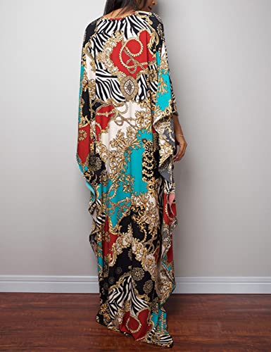Bsubseach Women Ethnic Print Kaftan Beach Dress Plus Size Swimsuit Cover Up Blue Red Chain - Image 5