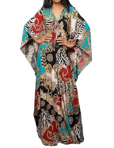 Bsubseach Women Ethnic Print Kaftan Beach Dress Plus Size Swimsuit Cover Up Blue Red Chain - Image 1