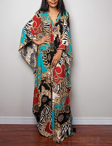 Bsubseach Women Ethnic Print Kaftan Beach Dress Plus Size Swimsuit Cover Up Blue Red Chain - Image 3