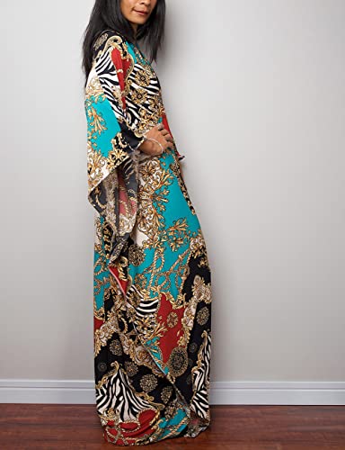 Bsubseach Women Ethnic Print Kaftan Beach Dress Plus Size Swimsuit Cover Up Blue Red Chain - Image 4
