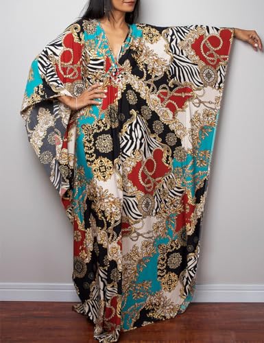 Bsubseach Women Ethnic Print Kaftan Beach Dress Plus Size Swimsuit Cover Up Blue Red Chain - Image 2