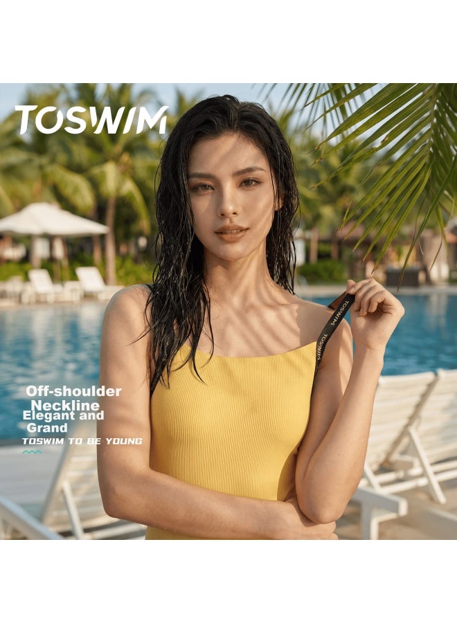 Toswim Women's New One-piece Racing Swimsuit Slim Fit Thin Straps Fashionable Premium Swimwear Cream Yellow Strap 2XL - Image 5