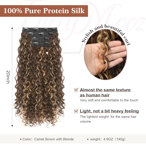 Flufymooz Clip in Hair Extensions FLUFYMOOZ 4PC 100 Pure Protein Silk Hair Extensions Long Soft Natural Hairpiece 20 Inch Curly Hair Extension for Women Dark Golden Brown with Highlight - Image 3