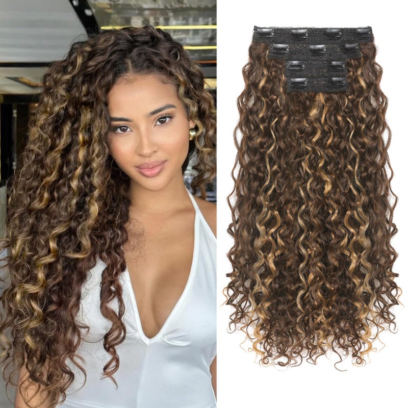 Flufymooz Clip in Hair Extensions FLUFYMOOZ 4PC 100 Pure Protein Silk Hair Extensions Long Soft Natural Hairpiece 20 Inch Curly Hair Extension for Women Dark Golden Brown with Highlight - Image 2