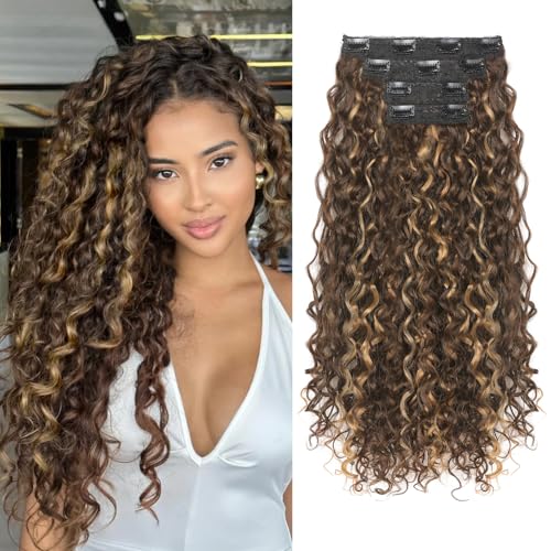 Flufymooz Clip in Hair Extensions FLUFYMOOZ 4PC 100 Pure Protein Silk Hair Extensions Long Soft Natural Hairpiece 20 Inch Curly Hair Extension for Women Dark Golden Brown with Highlight - Image 1