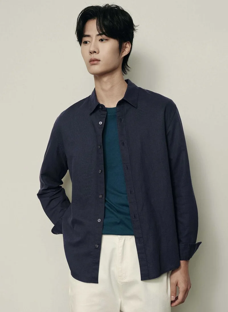 Men’s Regular Fit Linen-Cotton Poplin Long Sleeve Shirt | Korea Collection