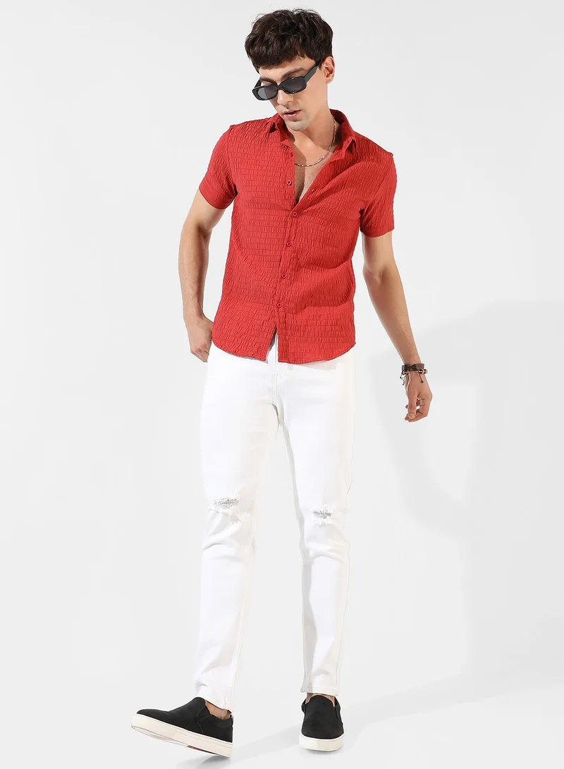 Campus Sutra Men's Red Textured Regular Fit Casual Shirt