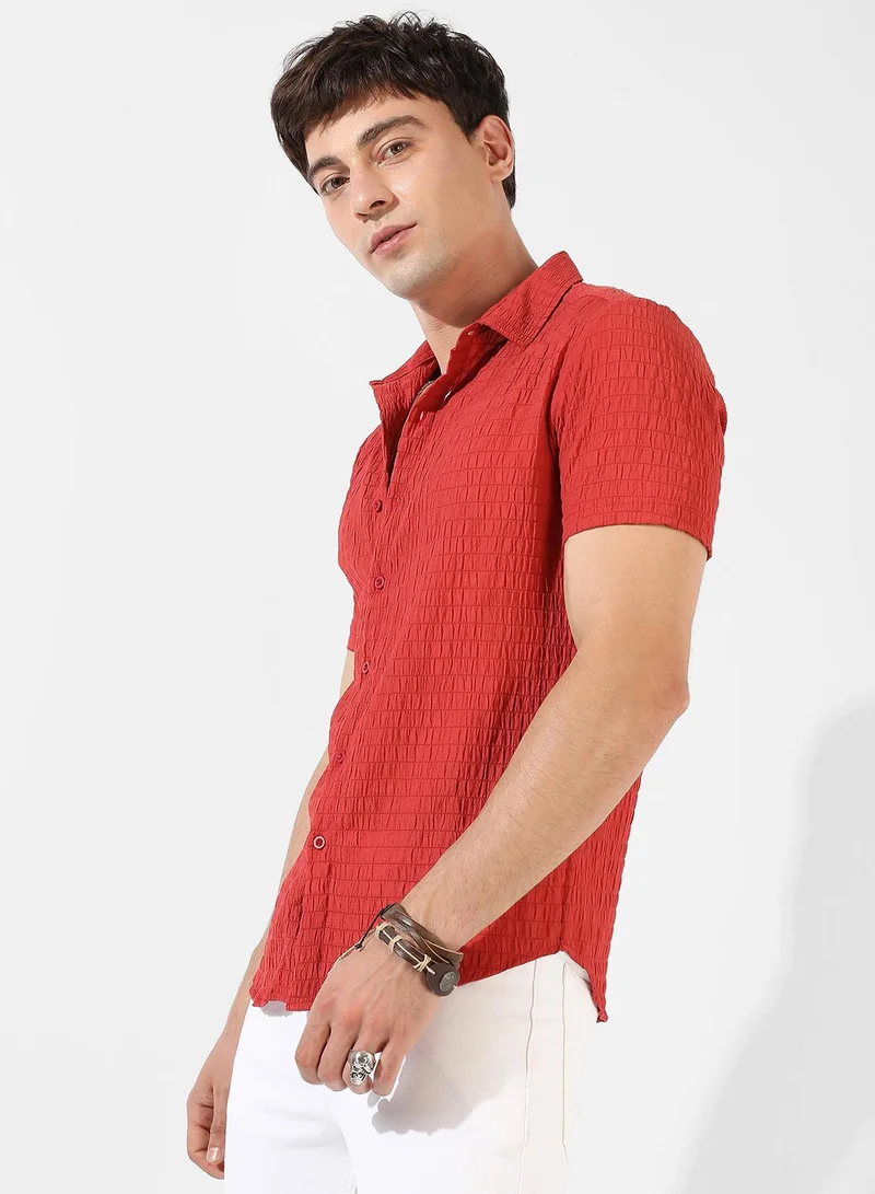 Campus Sutra Men's Red Textured Regular Fit Casual Shirt