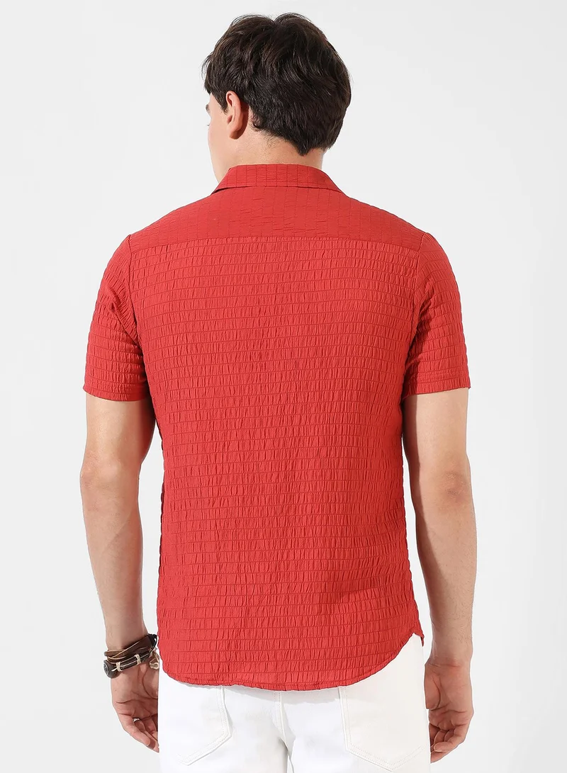 Campus Sutra Men's Red Textured Regular Fit Casual Shirt