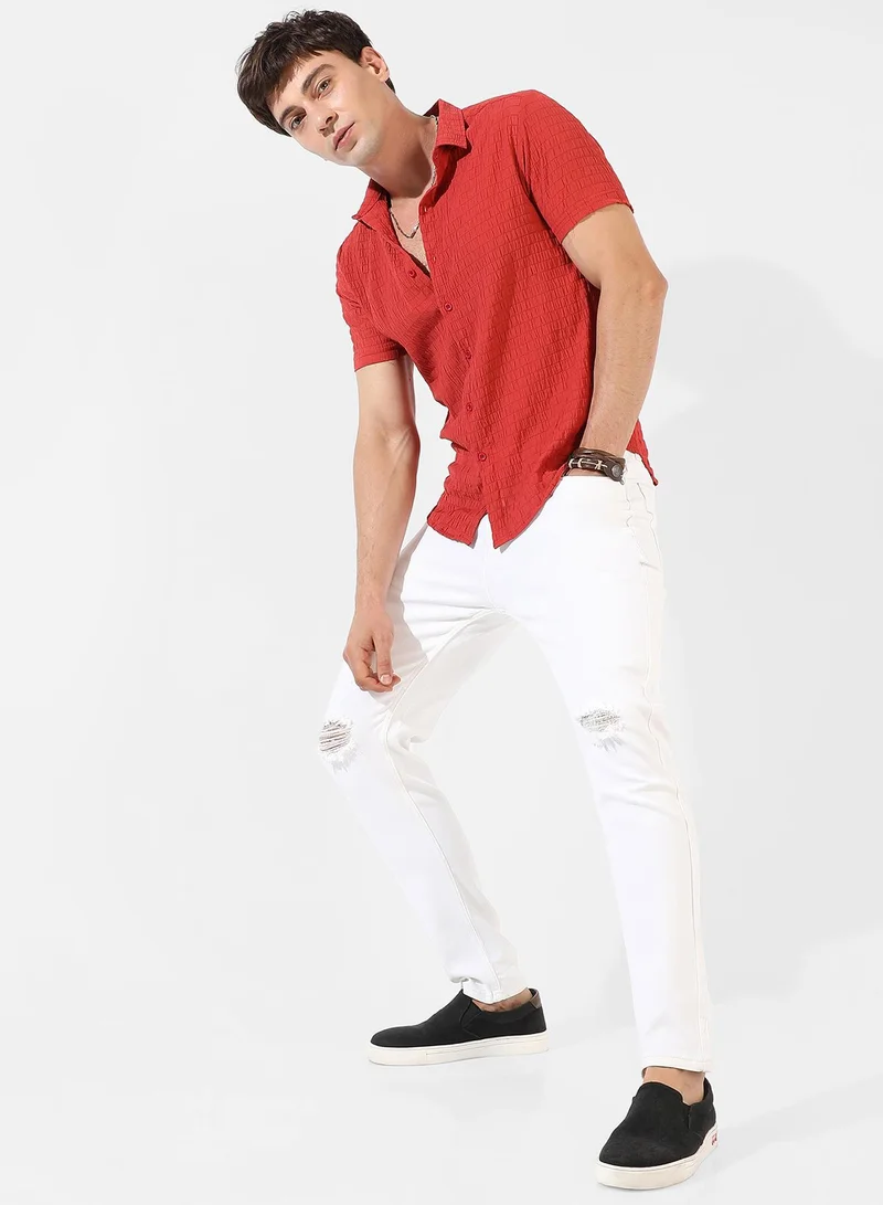 Campus Sutra Men's Red Textured Regular Fit Casual Shirt