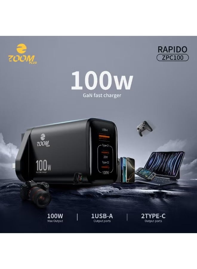 زوم بلس شاحن زووم بلس راپيدو بقوة 100 واط بتقنية GaN – محول جداري سريع بـ 3 منافذ (2x USB-C، 1x USB-A) مع قابس بريطاني – شاحن سفر فائق الصغر للابتوب، الأجهزة اللوحية، والهواتف الذكية – موديل ZPC100 - Image 1