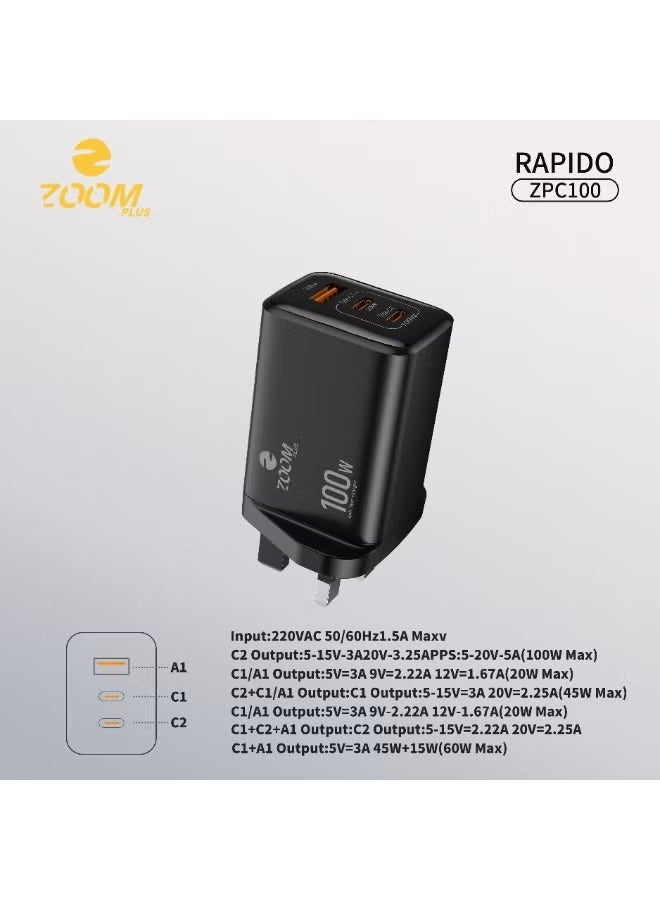 زوم بلس شاحن زووم بلس راپيدو بقوة 100 واط بتقنية GaN – محول جداري سريع بـ 3 منافذ (2x USB-C، 1x USB-A) مع قابس بريطاني – شاحن سفر فائق الصغر للابتوب، الأجهزة اللوحية، والهواتف الذكية – موديل ZPC100 - Image 3