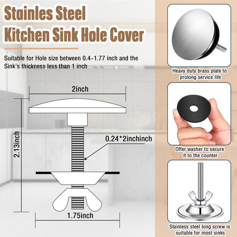 Leifide 2 Inch Kitchen Sink Hole Cover Faucet Stainless Steel Kitchen Sink Tap Hole Plate Stopper Cover Blanking Metal Plug(Brushed Stainless Steel) - Image 2