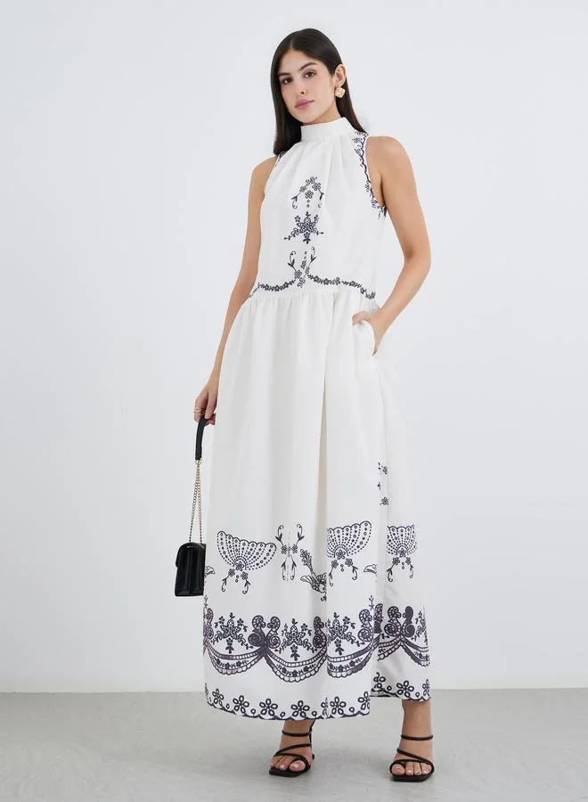 ستايلي Styli Floral Border Print Halter Neck Maxi Dress