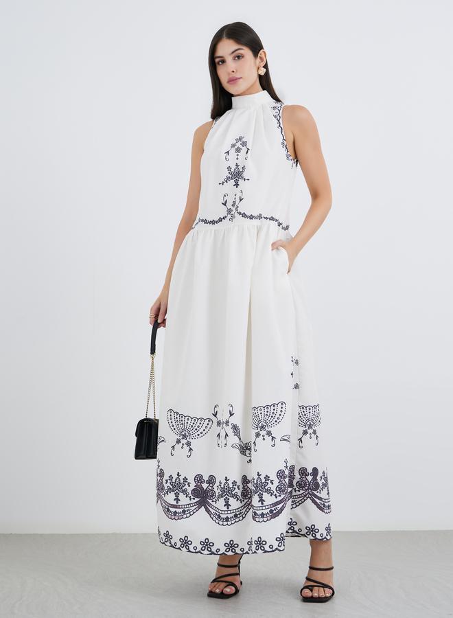 Styli Floral Border Print Halter Neck Maxi Dress - Image 1