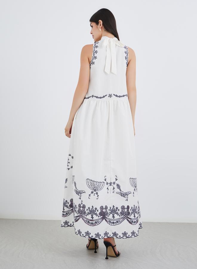 Styli Floral Border Print Halter Neck Maxi Dress - Image 5