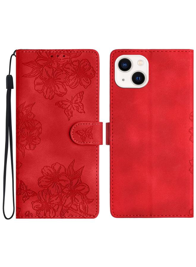 erorex For iPhone 15 Plus Cherry Blossom Butterfly Skin Feel Embossed PU Phone Case(Red) 