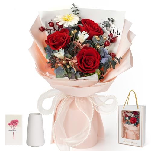 Childom Preserved Flowers for Delivery,Christmas Flowers Gift for Mom,Birthday Gifts for Women,Real Rose Bouquets,Red Rose Flowers for Her,Mom,Wife,Grandma,Sister,Valentines,Mothers Day,Anniversary - Image 1