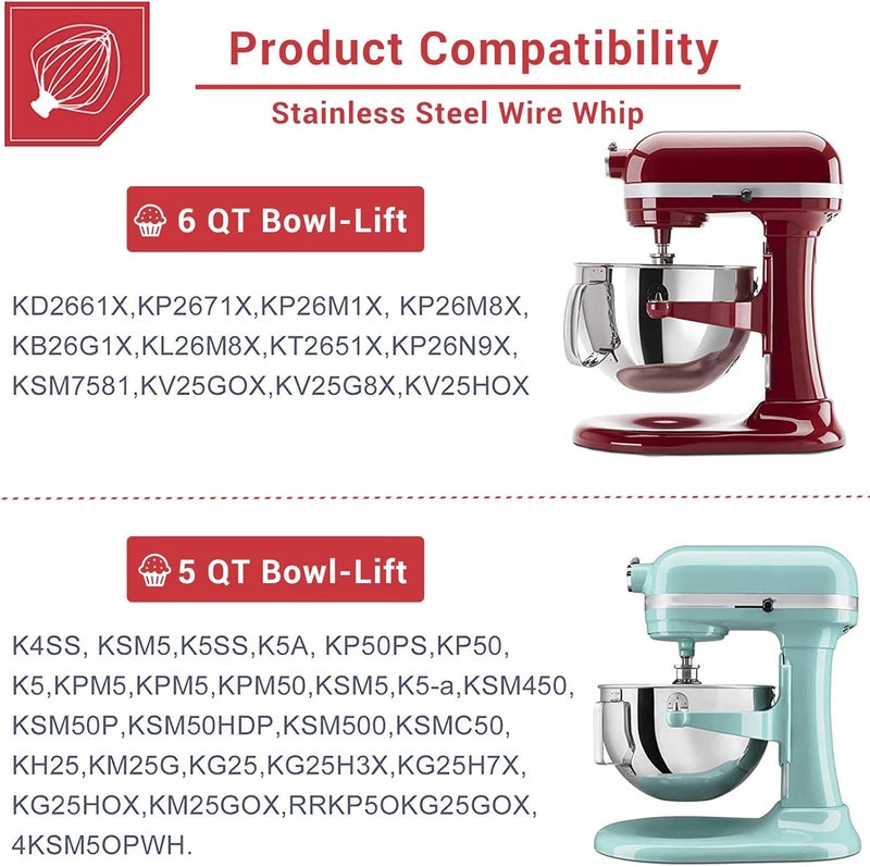 جلينك ملحق خفاقة سلكية من الفولاذ المقاوم للصدأ لخلاطات KitchenAid ذات الوعاء سعة 5-6 كوارت (نوع الرفع)، بديل خفاقة سلكية لـ K5AWW، خفاقة للكريمة والبيض، آمنة للغسل في غسالة الأطباق، لون فضي - Image 5