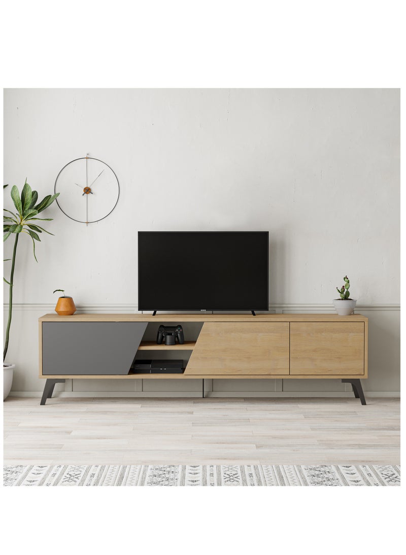 Mourah Home Fiona TV Cabinet Up To 70'' Inch TV| 3-Door and 2-Tier Storage Cabinet| TV Units for Living Room|180x35.6x48 cm|Oak/Dark Grey - Image 1