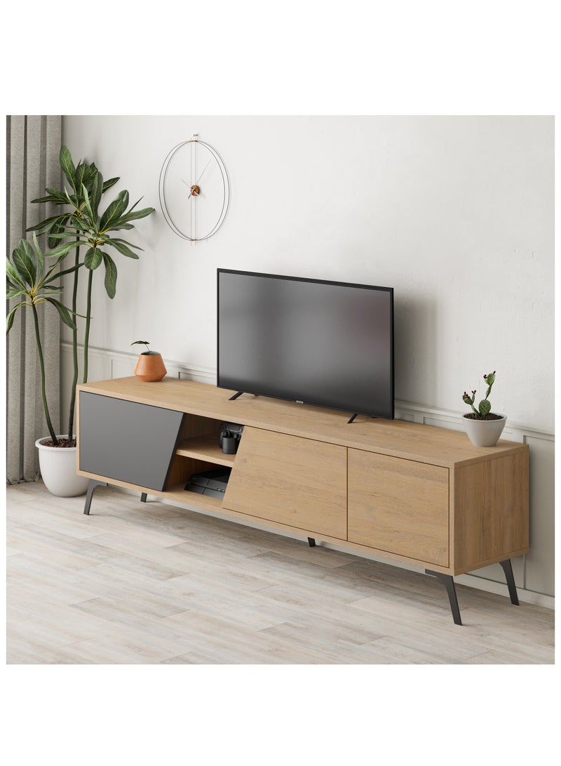 Mourah Home Fiona TV Cabinet Up To 70'' Inch TV| 3-Door and 2-Tier Storage Cabinet| TV Units for Living Room|180x35.6x48 cm|Oak/Dark Grey - Image 2