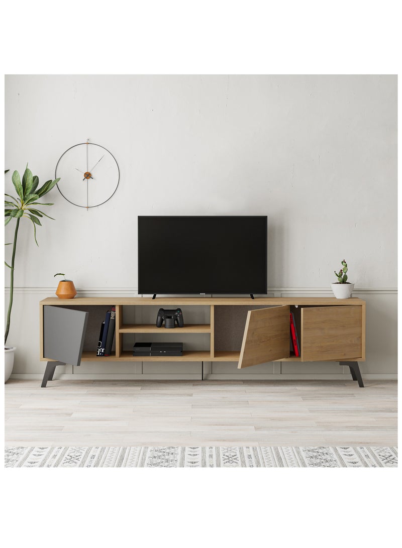 Mourah Home Fiona TV Cabinet Up To 70'' Inch TV| 3-Door and 2-Tier Storage Cabinet| TV Units for Living Room|180x35.6x48 cm|Oak/Dark Grey - Image 3