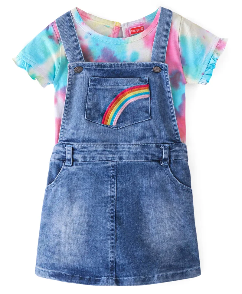 babyhug Babyhug Cotton Knit Half Sleeves T-Shirt &  Denim Frock Rainbow Tie & Die - Blue