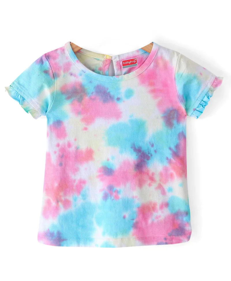 babyhug Babyhug Cotton Knit Half Sleeves T-Shirt &  Denim Frock Rainbow Tie & Die - Blue