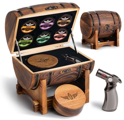 Whiskey Smoker Kit with Charred Wood Barrel Patent Pending Cocktail Smoker with Torch 6 Premium Wood Chips for Old Fashioned Whiskey Perfect Home Bar Gift for Men Dad Husband No Butane