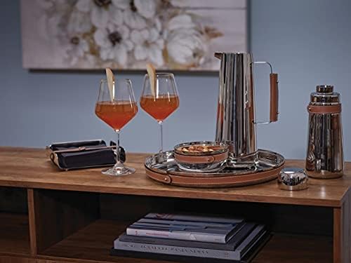 Nambe Tahoe Bar Tray | Stainless Steel Organizing Tray with Raised Edges and Leather Accent | Decorative Round Metal Serving Tray | 13in Removable Leather Accent - Image 2