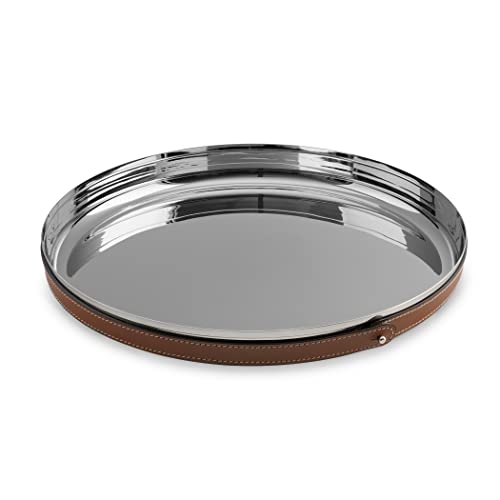 Nambe Tahoe Bar Tray | Stainless Steel Organizing Tray with Raised Edges and Leather Accent | Decorative Round Metal Serving Tray | 13in Removable Leather Accent - Image 1