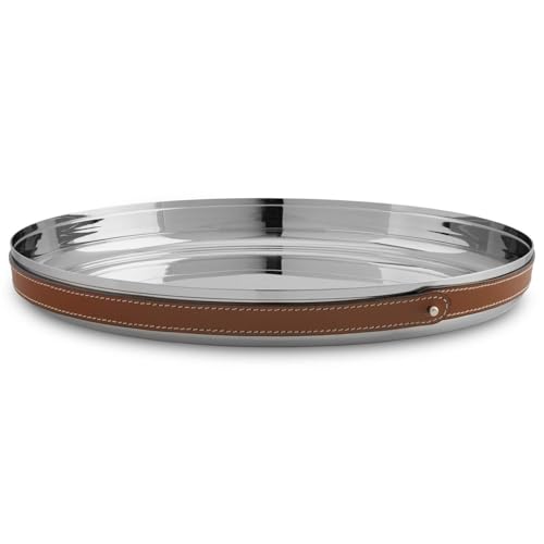 Nambe Tahoe Bar Tray | Stainless Steel Organizing Tray with Raised Edges and Leather Accent | Decorative Round Metal Serving Tray | 13in Removable Leather Accent - Image 3