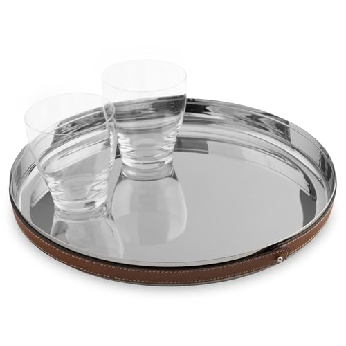 Nambe Tahoe Bar Tray | Stainless Steel Organizing Tray with Raised Edges and Leather Accent | Decorative Round Metal Serving Tray | 13in Removable Leather Accent - Image 5