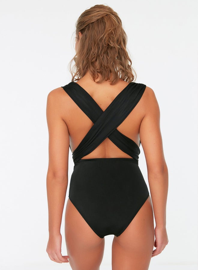 trendyol Black Deep Low-Cut Draped Hipster Core Swimsuit  - Image 4