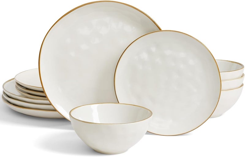 Famiware Dinnerware Sets for 4 Ocean Round 12Piece Kitchen Plates and Bowls Sets Microwave and Dishwasher Safe Scratch Resistant Vanilla White - Image 1