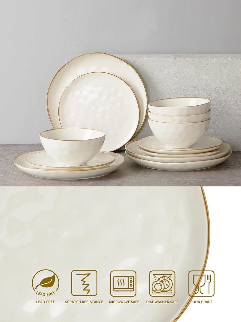 Famiware Dinnerware Sets for 4 Ocean Round 12Piece Kitchen Plates and Bowls Sets Microwave and Dishwasher Safe Scratch Resistant Vanilla White - Image 3